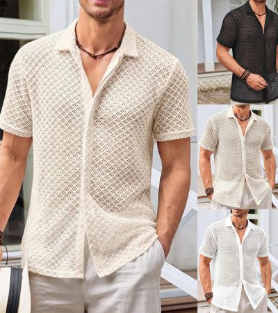 Summer Mesh Short Sleeve Shirt Fashion Solid Color Lapel Shirt Tops Beach Men Clothing