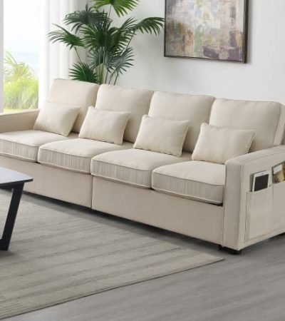 Seater Modern Linen Fabric Sofa With Armrest Pockets And 4 Pillows,Minimalist Style Couch For Living Room, Apartment, Office,3 Colors