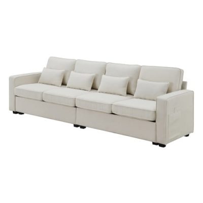 Seater Modern Linen Fabric Sofa With Armrest Pockets And 4 Pillows,Minimalist Style Couch For Living Room, Apartment, Office,3 Colors - Image 5