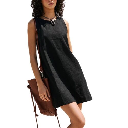 Women's Cotton Linen Vest Backless Solid Color Mini Dress - Image 4