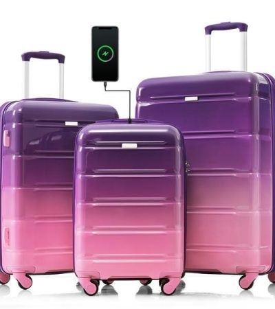 Luggage Set Of 3, 20-inch With USB Port, Airline Certified Carry-on Luggage With Cup Holder, ABS,PC Hard Shell Luggage With Spinner Wheels, Purple And Pink