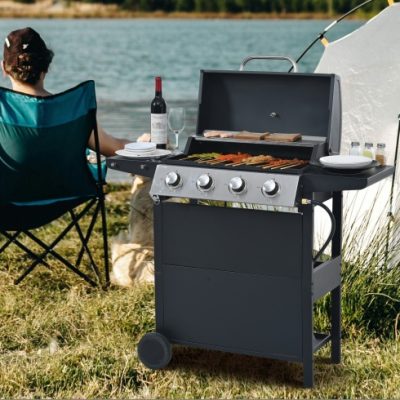 Propane Gas Grill 4 Burner Barbecue Grill, Stainless Steel 34,000 BTU Patio Garden Barbecue Grill With Two Shelves, Lid, Wheels And Bottle Opener - Image 9