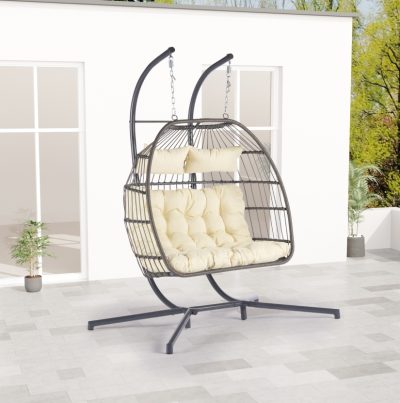 2 Person Outdoor Rattan Hanging Chair Patio Wicker Egg Chair - Image 8