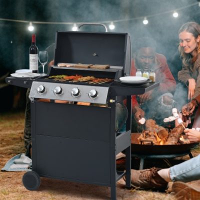 Propane Gas Grill 4 Burner Barbecue Grill, Stainless Steel 34,000 BTU Patio Garden Barbecue Grill With Two Shelves, Lid, Wheels And Bottle Opener - Image 5