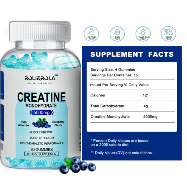 High Strength Creatine Monohydrate Gummies, Blueberry Flavored Creatine Gummies Monohydrate - 60 Gummies X 2 Bottles - Image 4