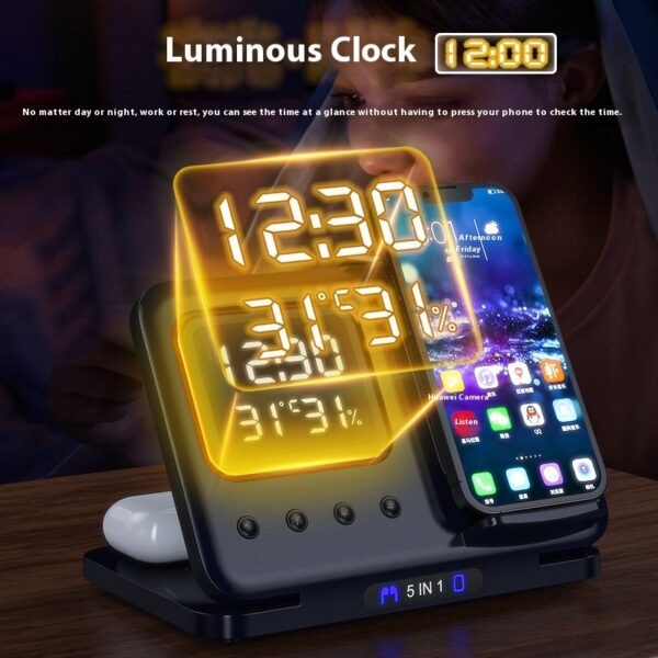 15W Wireless Chargers Stand 5 In1 LED Digital Alarm Clock Fast Charging Dock Station - Image 2