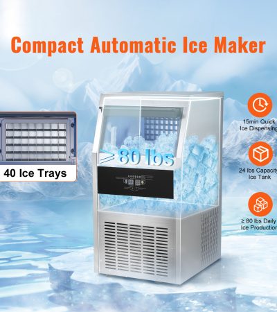 VEVOR 110V Commercial Ice Maker 80LBS 24H With 24lbs Storage Capacity Stainless Steel Commercial Ice Machine 40 Ice Cubes Per Plate Industrial Ice Maker Machine Auto Clean For Bar Home Supermarkets