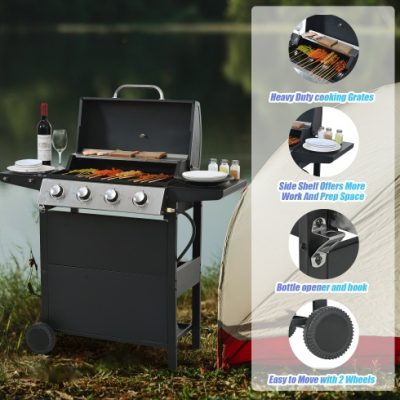 Propane Gas Grill 4 Burner Barbecue Grill, Stainless Steel 34,000 BTU Patio Garden Barbecue Grill With Two Shelves, Lid, Wheels And Bottle Opener - Image 7