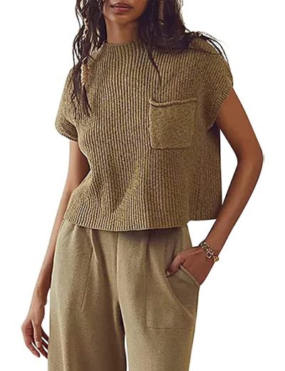 Women's Knitted Sleeveless Pocket Casual Rib Pullover Vest - Image 4