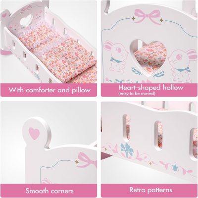 ROBOTIME Wooden Doll Cradle Rocking Baby Doll Crib Reversible Doll Bed For Girl - Image 2
