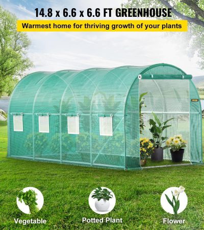 VEVOR Walk-in Tunnel Greenhouse, 15 X 7 X 7 Ft Portable Plant Hot House W Galvanized Steel Hoops, 1 Top Beam, Diagonal Poles, Zippered Door & 8 Roll-up Windows, Green