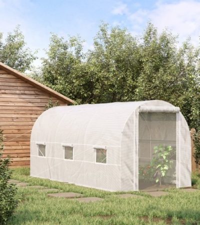 Outsunny 15 X 7 X 7 Walk-In Tunnel Greenhouse, Large Garden Hot House Kit With 6 Roll-up Windows & Roll Up Door, Steel Frame, White