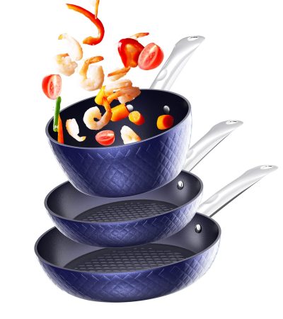 Frying Pan Sets Non Stick 3Pieces Blue 3D Diamond Cookware