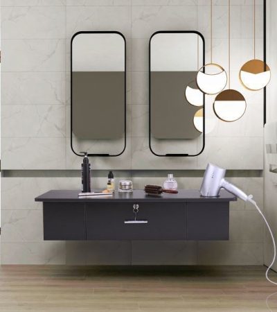 Wall Mounted Styling Station with Drawer and Tool Holes Vanity Table Dressing Table Equipment for Barber Beauty Spa Salon Shops Black