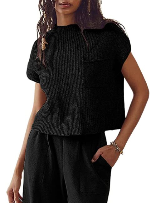 Women's Knitted Sleeveless Pocket Casual Rib Pullover Vest - Image 3