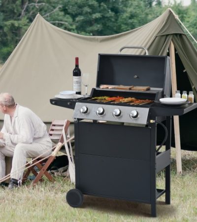 Propane Gas Grill 4 Burner Barbecue Grill, Stainless Steel 34,000 BTU Patio Garden Barbecue Grill With Two Shelves, Lid, Wheels And Bottle Opener