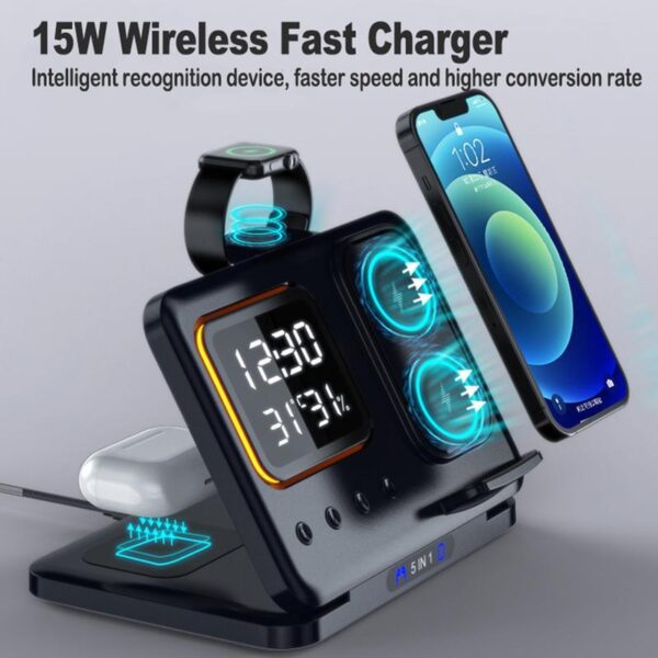 15W Wireless Chargers Stand 5 In1 LED Digital Alarm Clock Fast Charging Dock Station - Image 3