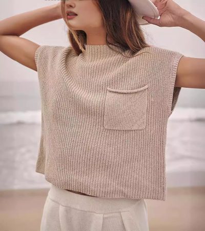 Women's Knitted Sleeveless Pocket Casual Rib Pullover Vest