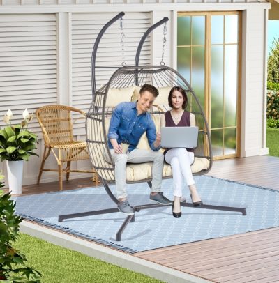 2 Person Outdoor Rattan Hanging Chair Patio Wicker Egg Chair - Image 3