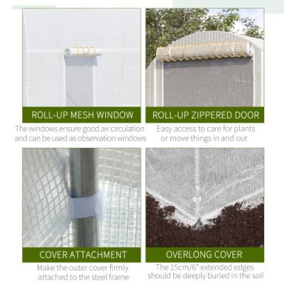 Outsunny 15 X 7 X 7 Walk-In Tunnel Greenhouse, Large Garden Hot House Kit With 6 Roll-up Windows & Roll Up Door, Steel Frame, White - Image 3