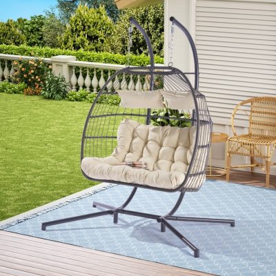 2 Person Outdoor Rattan Hanging Chair Patio Wicker Egg Chair - Image 2