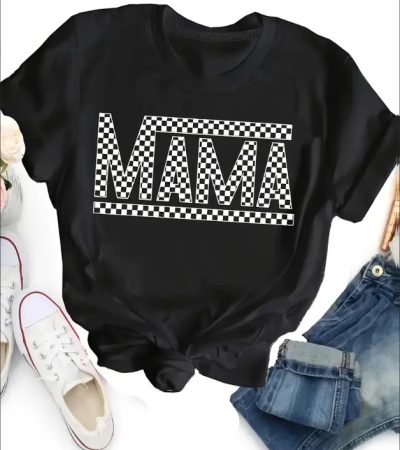 Mama Letter Print Crew Neck T-Shirt - Soft Mid-Elasticity Polyester Short Sleeve Top For Spring & Summer - Relaxed Fit, Casual, Alphabets Pattern, Positioning Printing, Regular Length, Knit Fabric