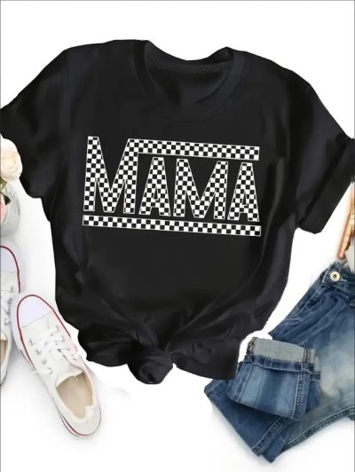 Mama Letter Print Crew Neck T-Shirt - Soft Mid-Elasticity Polyester Short Sleeve Top For Spring & Summer - Relaxed Fit, Casual, Alphabets Pattern, Positioning Printing, Regular Length, Knit Fabric