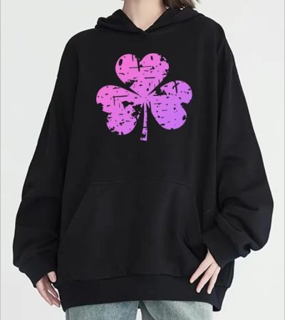 Playful Graphics, Women's Casual Clover Print Hoodie With Kangaroo Pocket - Long Sleeve,Machine Washable