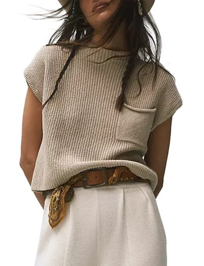 Women's Knitted Sleeveless Pocket Casual Rib Pullover Vest - Image 2