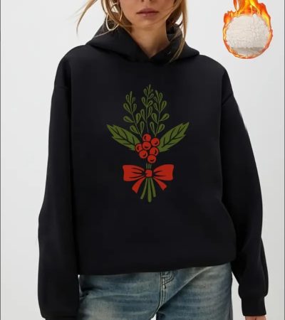 Christmas Floral Hoodie For Women, Casual Sweatshirt With Hood, Fall Winter Warm Fleece Pullover, Festive Animal & Fruit Patterns, Western Style