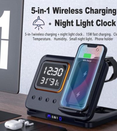 15W Wireless Chargers Stand 5 In1 LED Digital Alarm Clock Fast Charging Dock Station