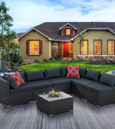 Patio Furniture, Outdoor Furniture, Seasonal PE Wicker Furniture, 7 Set Wicker Furniture With Tempered Glass Coffee Table