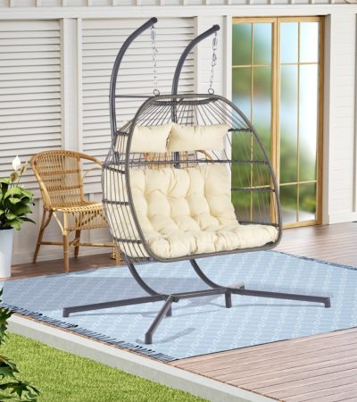 2 Person Outdoor Rattan Hanging Chair Patio Wicker Egg Chair