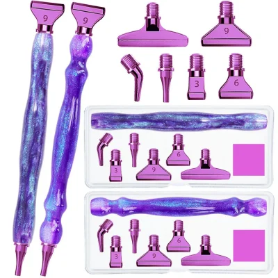 Purple 5D DIY Diamond Pen Set Resin Diamond Painting Tool Point Drill Pen With Thread Multifunctional 6 Metal Pen Heads And Clay