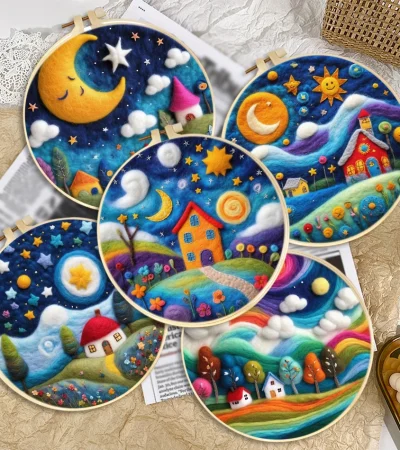CHENISTORY Wool Felting Painting Night Sky Scenery Starter Kit Needle Felting Picture With Frame Wool Felting Painting Kit Diy