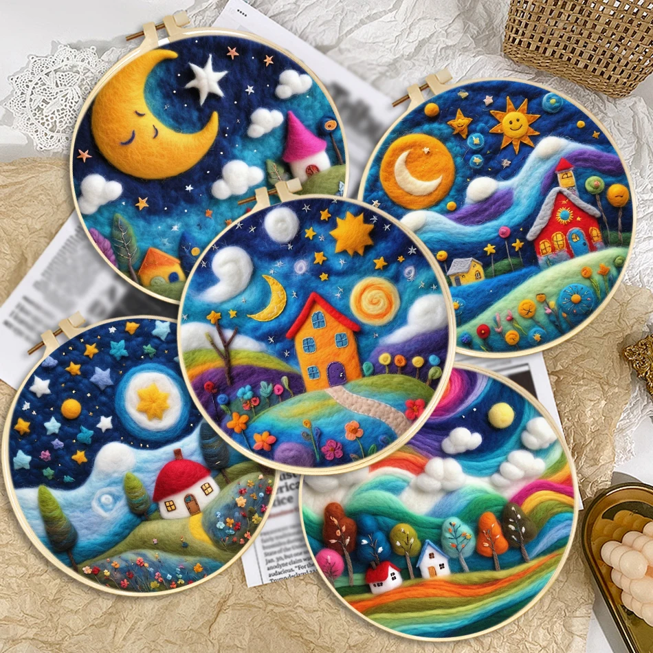 CHENISTORY Wool Felting Painting Night Sky Scenery Starter Kit Needle Felting Picture With Frame Wool Felting Painting Kit Diy