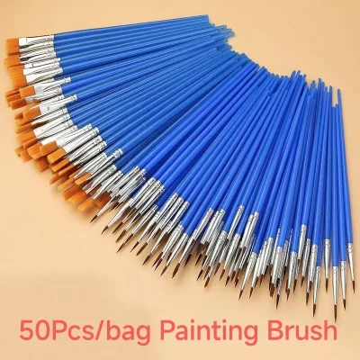 50Pcs Painting Brushes Set Art School Students Supplies Round Flat Hair Nylon Hair Paint Brush Pen for Oil Acrylic Watercolor - Image 2