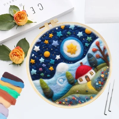 CHENISTORY Wool Felting Painting Night Sky Scenery Starter Kit Needle Felting Picture With Frame Wool Felting Painting Kit Diy - Image 6