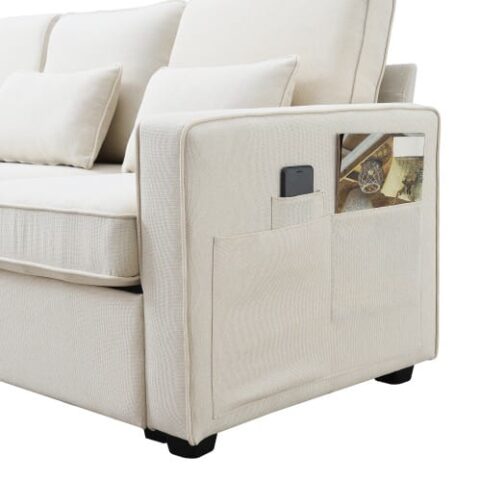 Seater Modern Linen Fabric Sofa With Armrest Pockets And 4 Pillows,Minimalist Style Couch For Living Room, Apartment, Office,3 Colors - Image 2