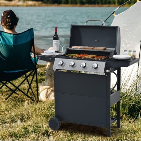 Propane Gas Grill 4 Burner Barbecue Grill, Stainless Steel 34,000 BTU Patio Garden Barbecue Grill With Two Shelves, Lid, Wheels And Bottle Opener - Image 9