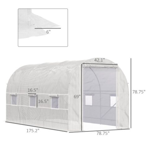 Outsunny 15 X 7 X 7 Walk-In Tunnel Greenhouse, Large Garden Hot House Kit With 6 Roll-up Windows & Roll Up Door, Steel Frame, White - Image 7