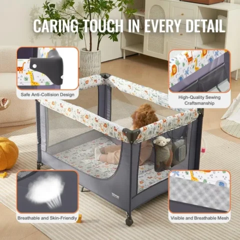 Baby Playpen Quick-Folding Portable Baby Toddler Fence Play Yard & Wheels