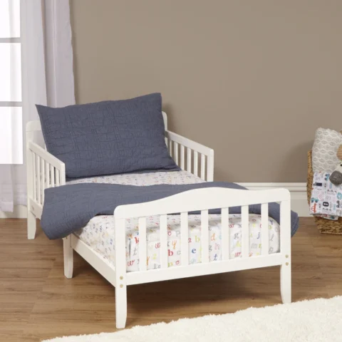 Blaire Toddler Bed, White Wooden Frame, Safety Rail, Sturdy Kids Bed