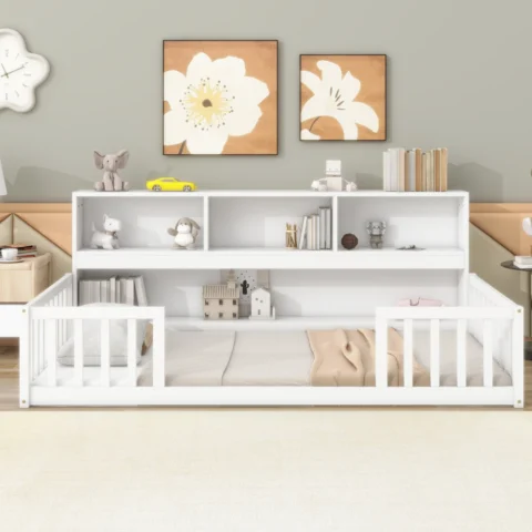 Twin Floor Bed with Bookcase, Storage Shelves, Guardrails, White - Image 2