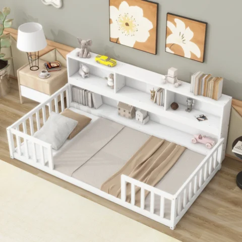 Twin Floor Bed with Bookcase, Storage Shelves, Guardrails, White - Image 3