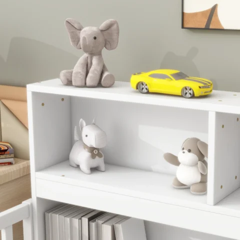 Twin Floor Bed with Bookcase, Storage Shelves, Guardrails, White - Image 4