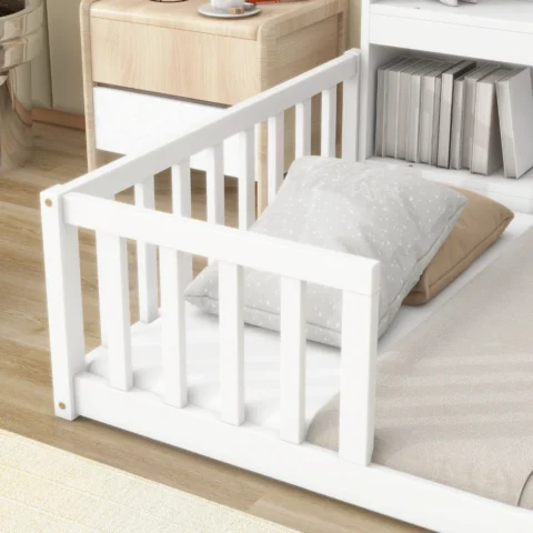 Twin Floor Bed with Bookcase, Storage Shelves, Guardrails, White - Image 5
