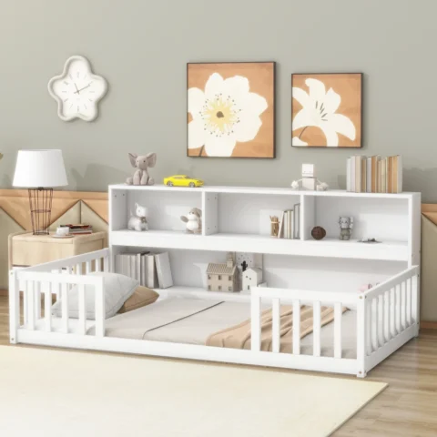 Twin Floor Bed with Bookcase, Storage Shelves, Guardrails, White