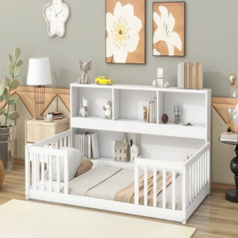 Twin Floor Bed with Bookcase, Storage Shelves, Guardrails, White - Image 6