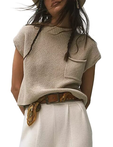 Women's Knitted Sleeveless Pocket Casual Rib Pullover Vest - Image 2
